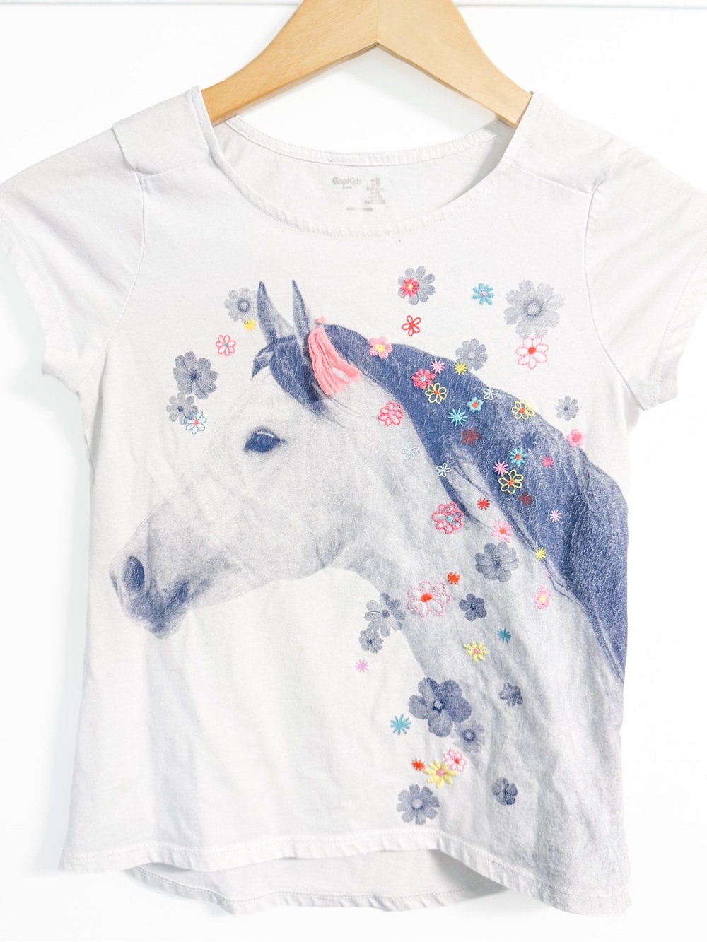 Gap Kids Horse Graphic Tee Girls Medium 8 Floral Embroidered White Shirt